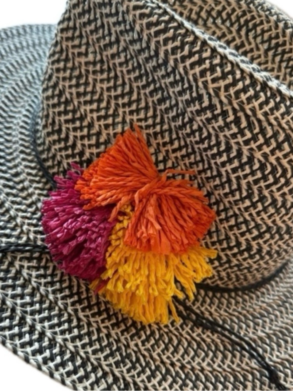 Boho Straw Sun Hat Wide Brim Tassel Trim Beach Vacation Festival OS
